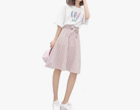 包邮格子半身裙高腰伞裙遮胯显瘦a字裙，后面...