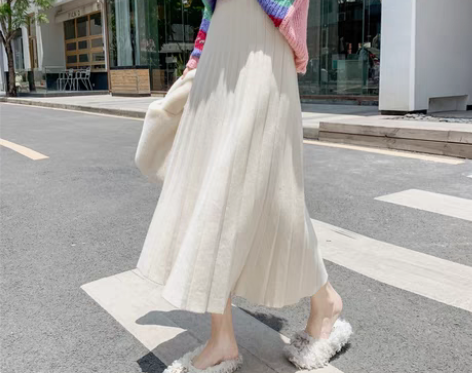 转卖加厚百褶毛线裙中长款高腰a字裙女秋冬新...