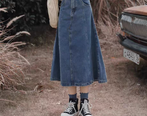 包邮今邂牛仔中长款大摆裙2022春季新款高...