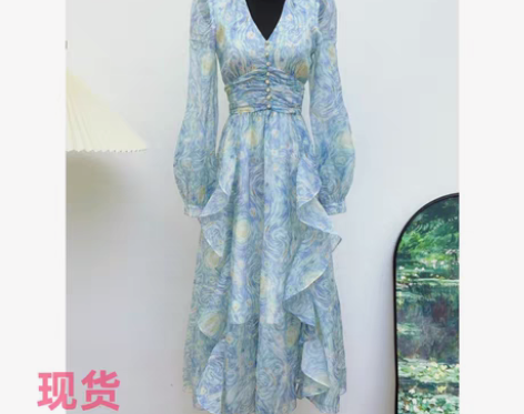 转卖高定 梵高星空店主自留雪纺星光纱v领倒...