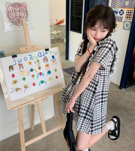 转卖格子小飞袖~+短袖蕾丝娃娃裙女夏季连衣...