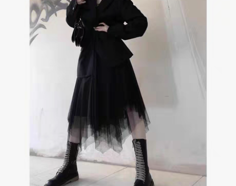 小石怪 不规则纱裙女秋冬设计感高腰蓬蓬裙中...