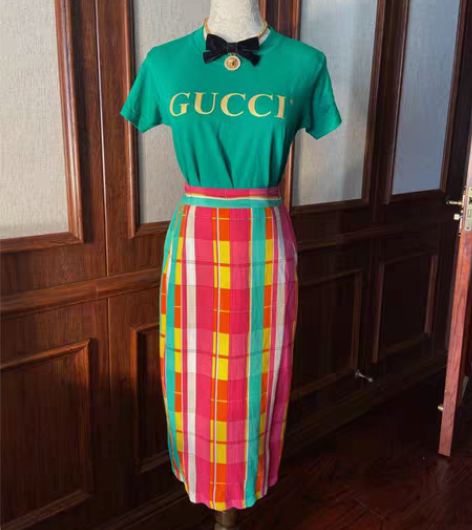 复古彩色格子松紧半身中长裙包臀铅笔裙 品牌...