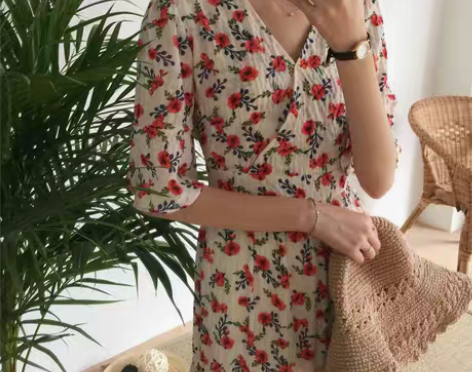 转卖陆小团团 甜美气质碎花绑带中长裙V领荷...