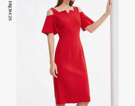 转卖朗姿+春装新款红色中长裙铅笔裙一字领短...