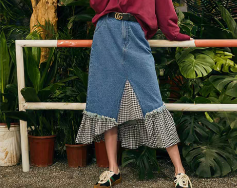 转卖森宿格子牛仔拼接鱼尾裙女新不规则a字港...