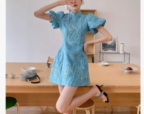 转卖Tobaby蓝色高级感旗袍改良连衣短裙...