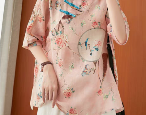 包邮【新款包邮】中式国风斜襟棉麻上衣女夏短...