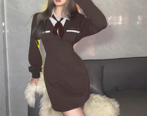转卖港味少女学院风假两件POLO领长袖连衣...