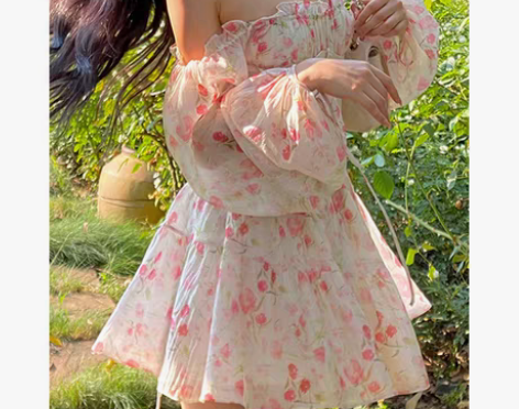 转卖9.9新春夏装一字肩长袖碎花短裙子纯欲风性感气质收腰连衣...