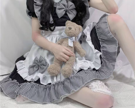 黑白格子女仆装蝴蝶结洛丽塔连衣裙咖啡厅二次...