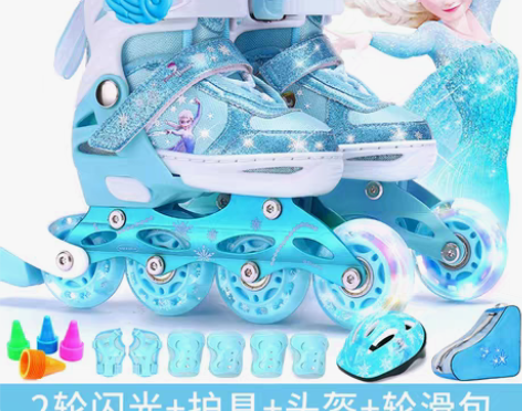 转卖迪士尼溜冰鞋儿童全套装女童旱冰滑冰轮滑...