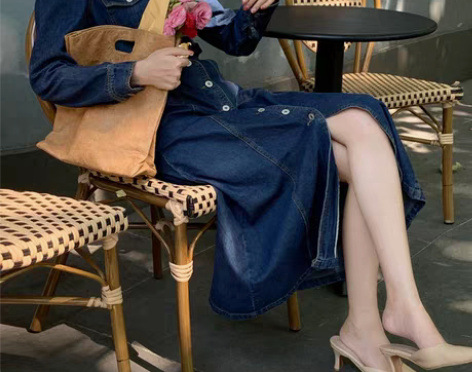 转卖SYT港风气质 单排扣收腰牛仔连衣裙复...