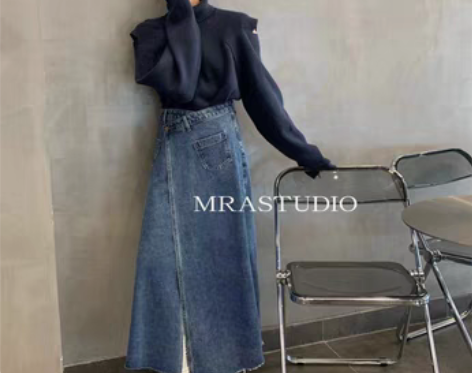 转卖设计感港风不规则高腰牛仔半身裙女春秋新...