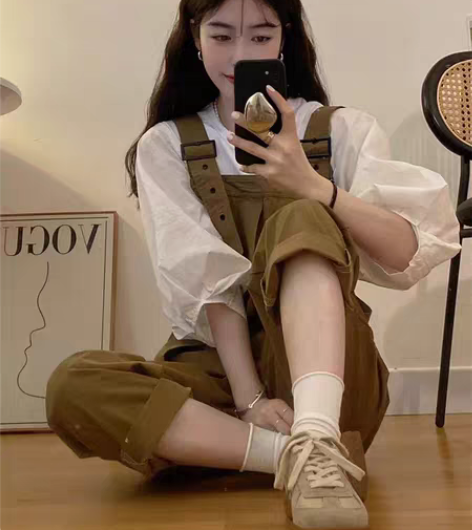 包邮小个子减龄卡其色背带连体裤女夏季202...