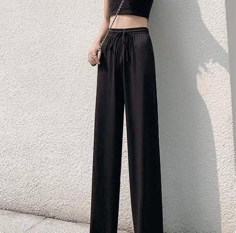黑色冰丝阔腿裤女高腰垂感夏季薄款加长下坠感...