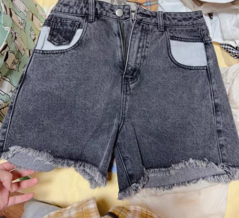 转卖全新无吊牌森宿烟灰色毛边撞色牛仔短裤女...