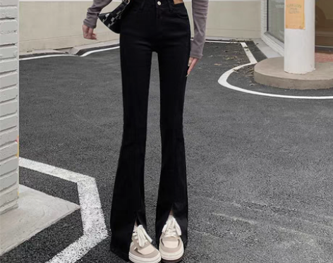 转卖高腰黑色开叉牛仔裤女春季2022年新款...