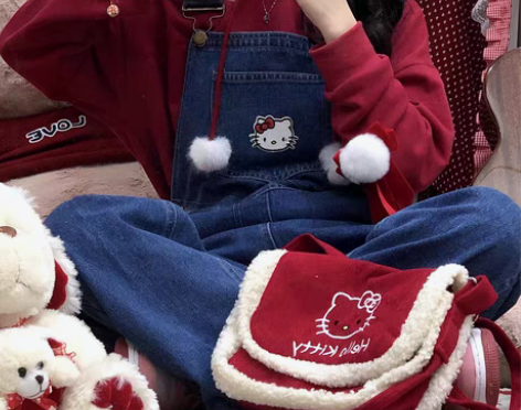 转卖原创设计软妹小个子kt背带牛仔裤印花宽...