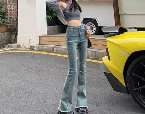 转卖复古蓝微喇高腰牛仔裤女弹力修身显瘦辣妹...