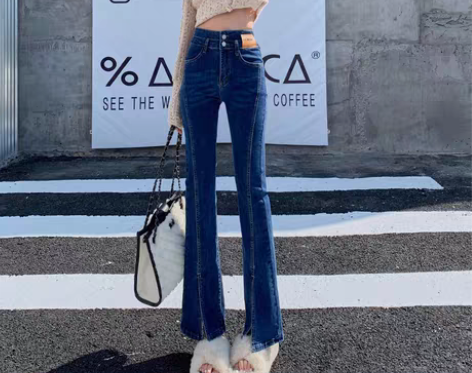 转卖高腰微喇叭开叉牛仔裤女2022年夏季新...
