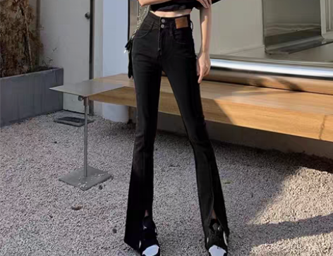 高腰黑色开叉牛仔裤女2022年春新款显瘦阔...