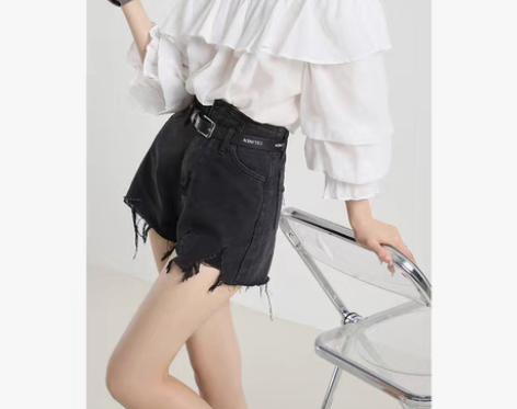 转卖XinmonLee黑色毛边休闲直筒阔腿...