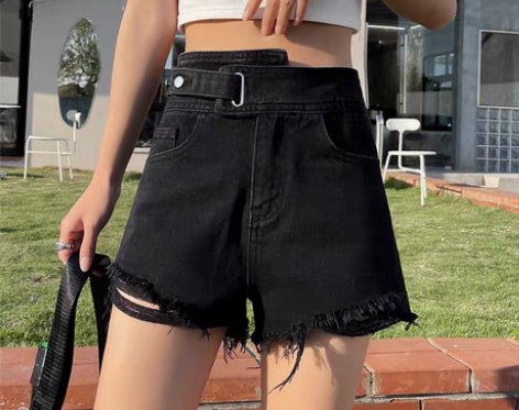 转卖【乐活价】赫度黑色牛仔短裤女夏季阔腿宽...