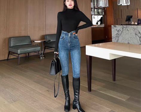 转卖林关关 小脚高腰显瘦深蓝色牛仔裤子女潮...