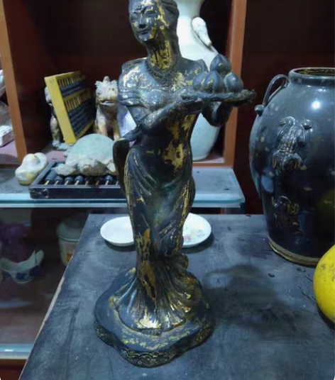 包邮创汇时期铜鎏金麻姑献寿摆件 龙泉民族工...