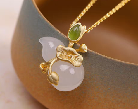 包邮中国风鎏金工艺荷叶葫芦吊坠莲花福禄连连...