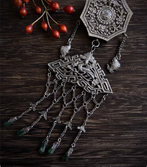 包邮清代老银福寿双全八卦流苏挂坠 八角牌最...