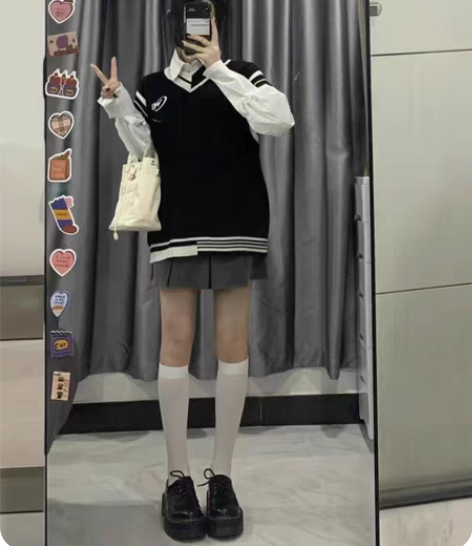 学院少女jk小裙子三件套 灰色百褶群+白色...