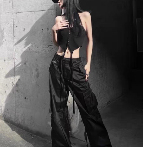 包邮多口袋黑色美式工装裤夏季女薄款高腰垂感...