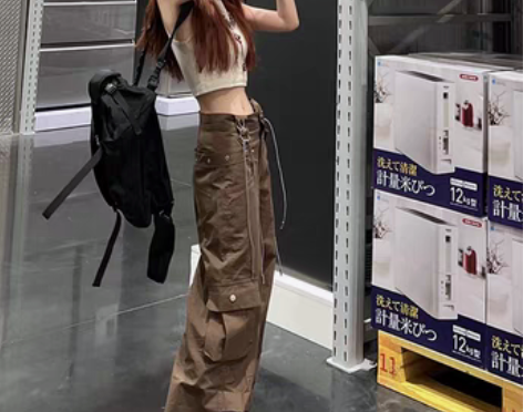 转卖棕色休闲抽绳工装裤女春秋美式复古高腰显...