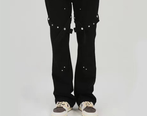 转卖PASET绑带微喇叭修身黑色牛仔裤潮设...