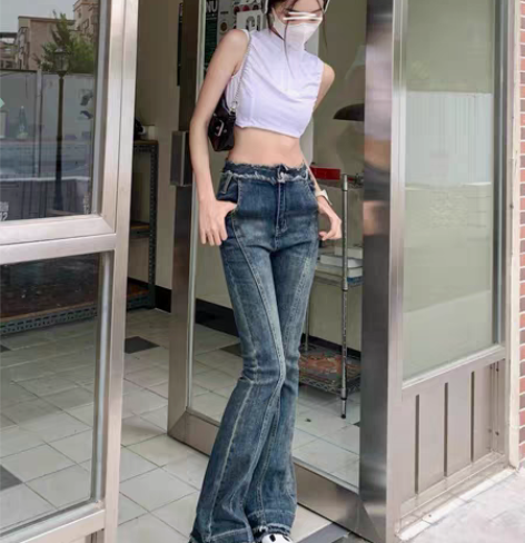 包邮温姗美式复古拼接毛边高腰阔腿微喇牛仔裤...
