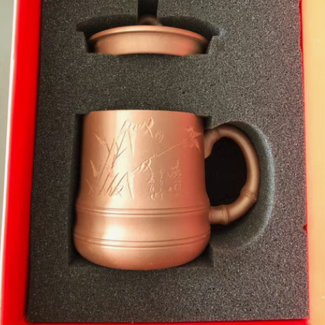 一款寓意极好的经典贴花紫砂茶杯，一品竹节，...