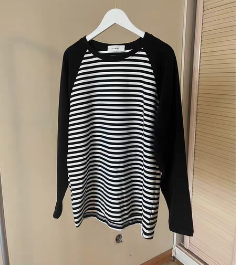 出口韩国 得绒棉 插肩袖设计 条纹T 均码...