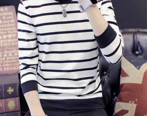 转卖青年潮流长袖t恤春季条纹帅气衣服男士秋...