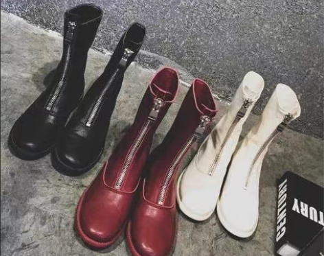 转卖欧美冬季女靴真皮前拉链靴子女中筒靴黑色...