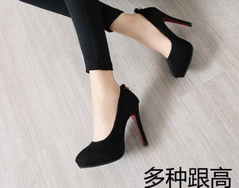 转卖尖头黑色高跟鞋防水台绒面工作鞋上班职业...