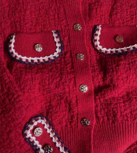 包邮酒红色针织小香风毛衣重工过年套装高级感...