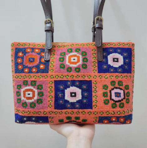 vintage钉珠重工彩花珠绣拼色手提腋下...