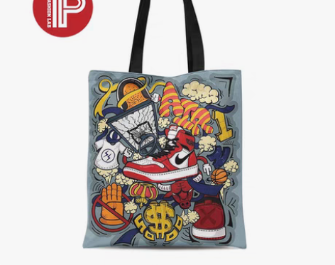 转卖全新创意潮牌托特包球鞋插画涂鸦学生单肩...