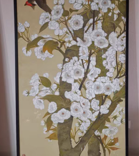 手绘仿工笔画的大幅布面油画。尺寸1米*2米...