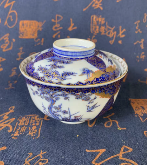 包邮日本明治时期真正柴烧盖碗，深户制，青花...