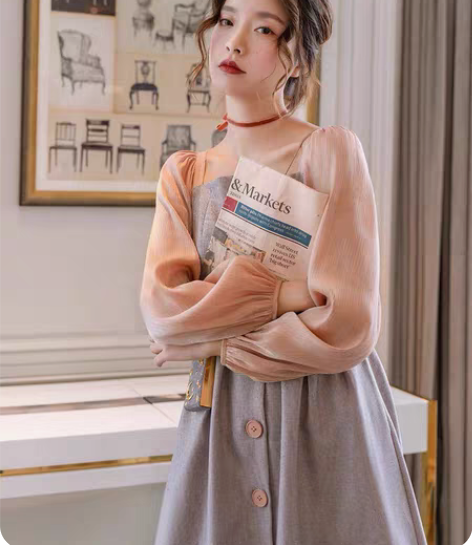 包邮COTRE独立设计 茱萸粉连衣裙女复古...