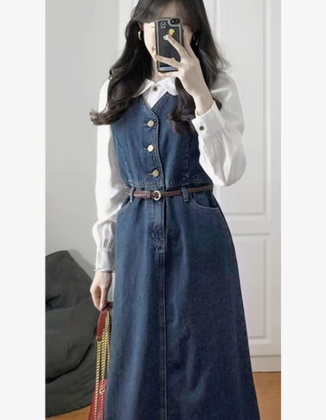 法式复古背带牛仔连衣裙套装两件套女2023...