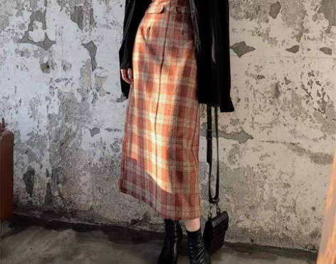 转卖【上新价】春秋毛呢格子半身裙女秋冬中长...